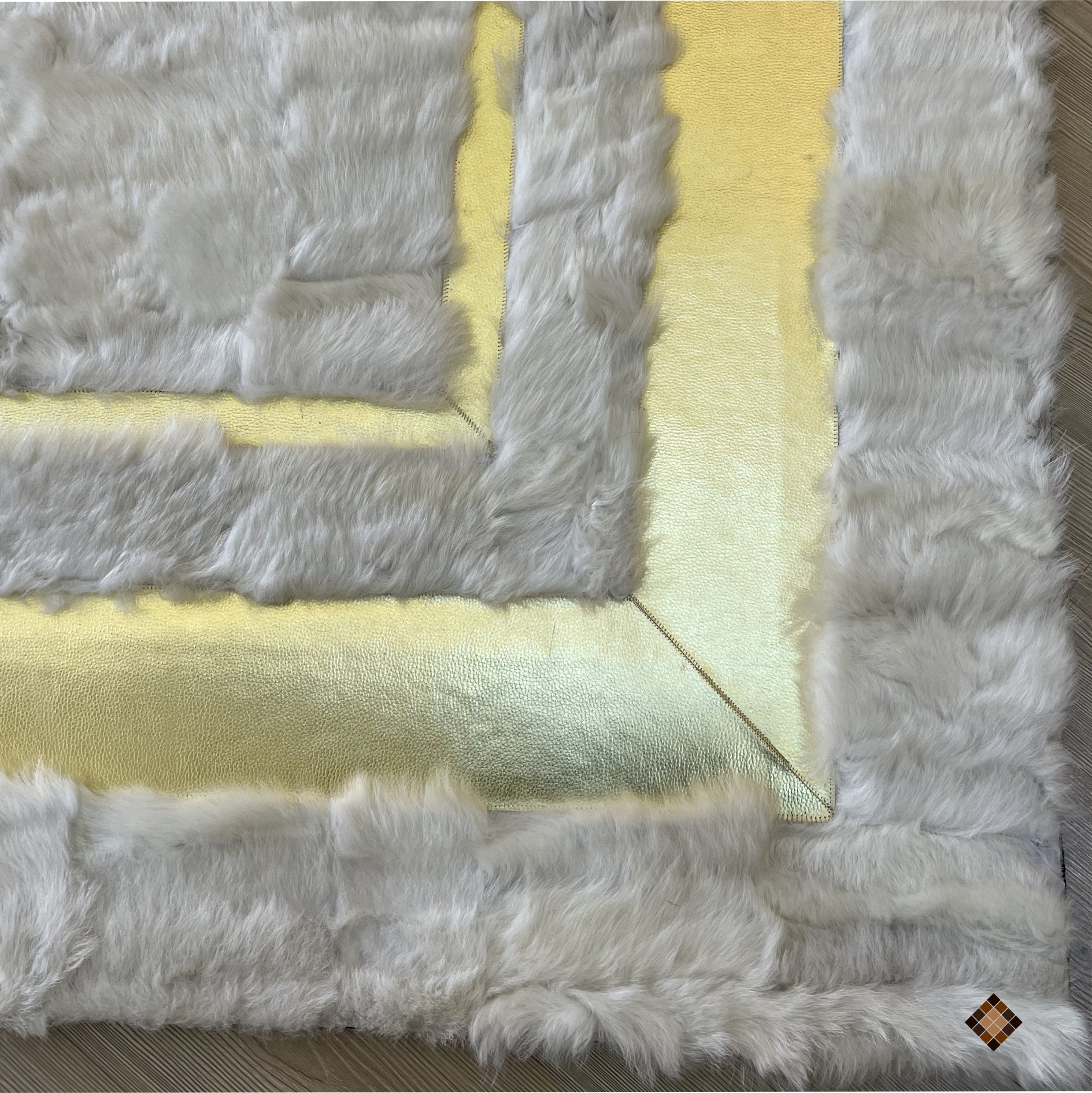 Genuine Ivory Sheepskin Area Rug with Elegant Gold Frame Accents - WONDERFURRUG