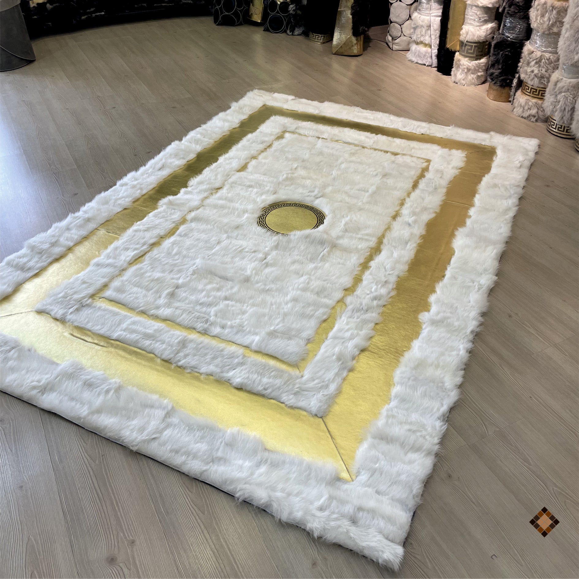 Genuine Ivory Sheepskin Area Rug with Elegant Gold Frame Accents - WONDERFURRUG