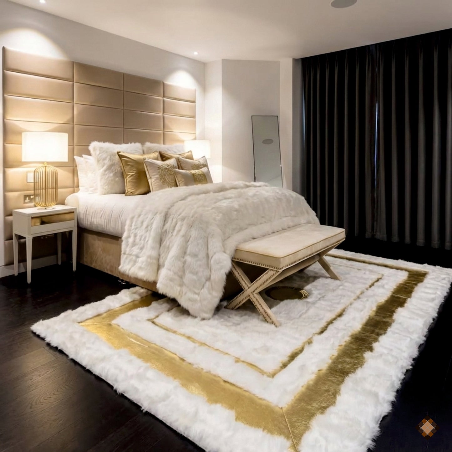Genuine Ivory Sheepskin Area Rug with Elegant Gold Frame Accents - WONDERFURRUG