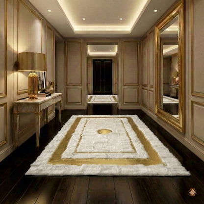 Genuine Ivory Sheepskin Area Rug with Elegant Gold Frame Accents - WONDERFURRUG
