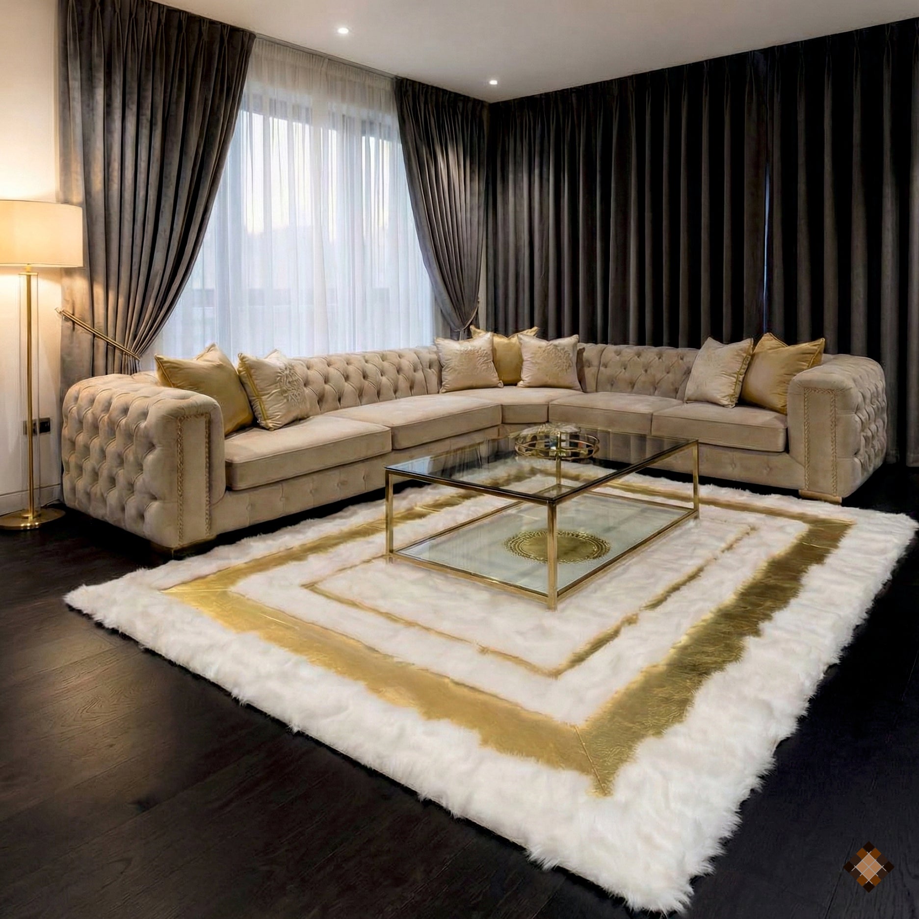 Genuine Ivory Sheepskin Area Rug with Elegant Gold Frame Accents - WONDERFURRUG