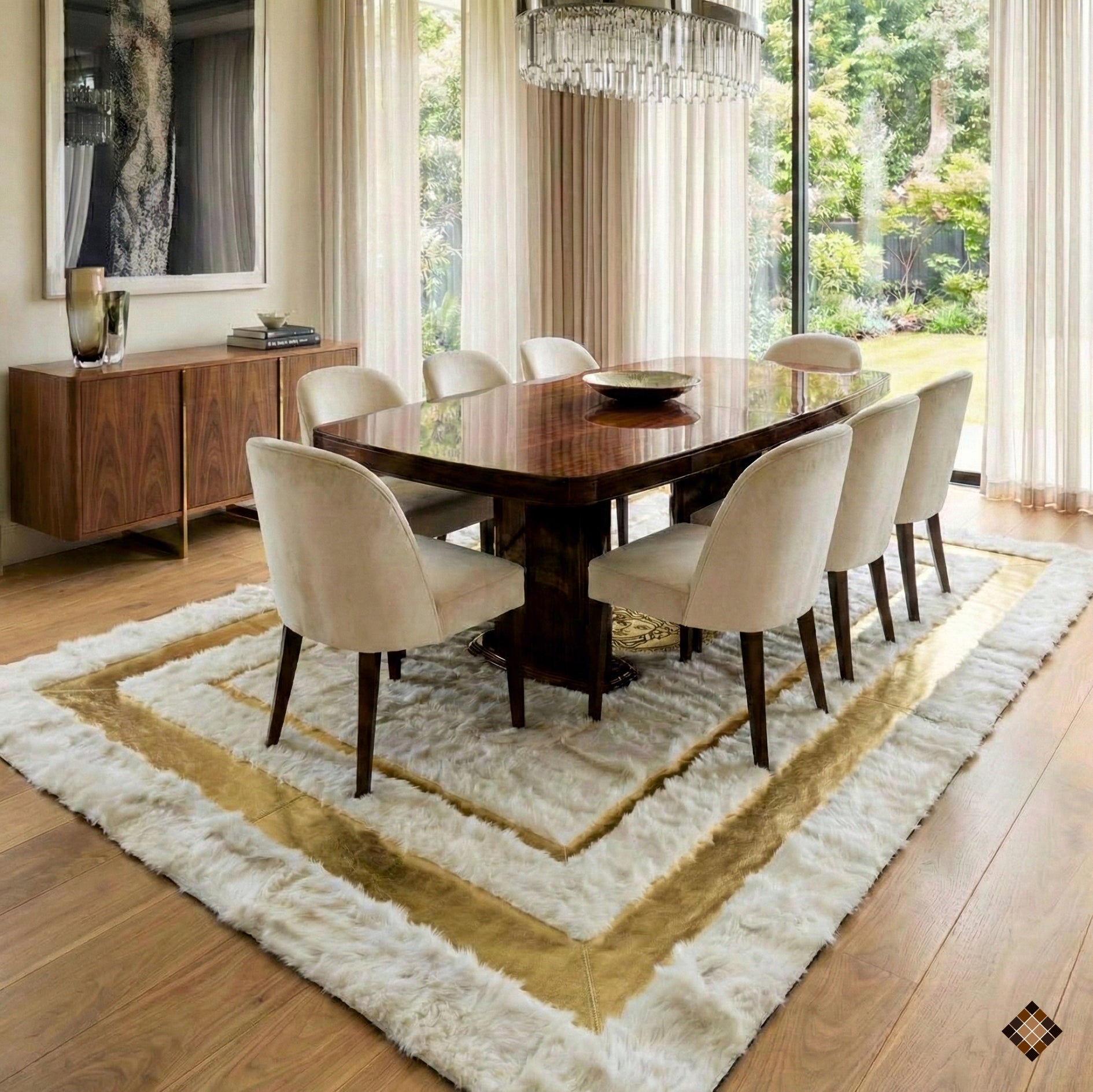Genuine Ivory Sheepskin Area Rug with Elegant Gold Frame Accents - WONDERFURRUG
