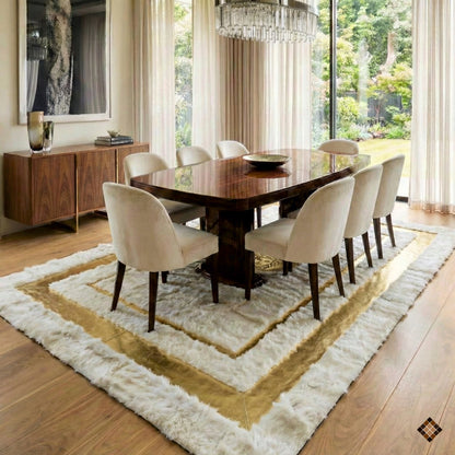 Genuine Ivory Sheepskin Area Rug with Elegant Gold Frame Accents - WONDERFURRUG