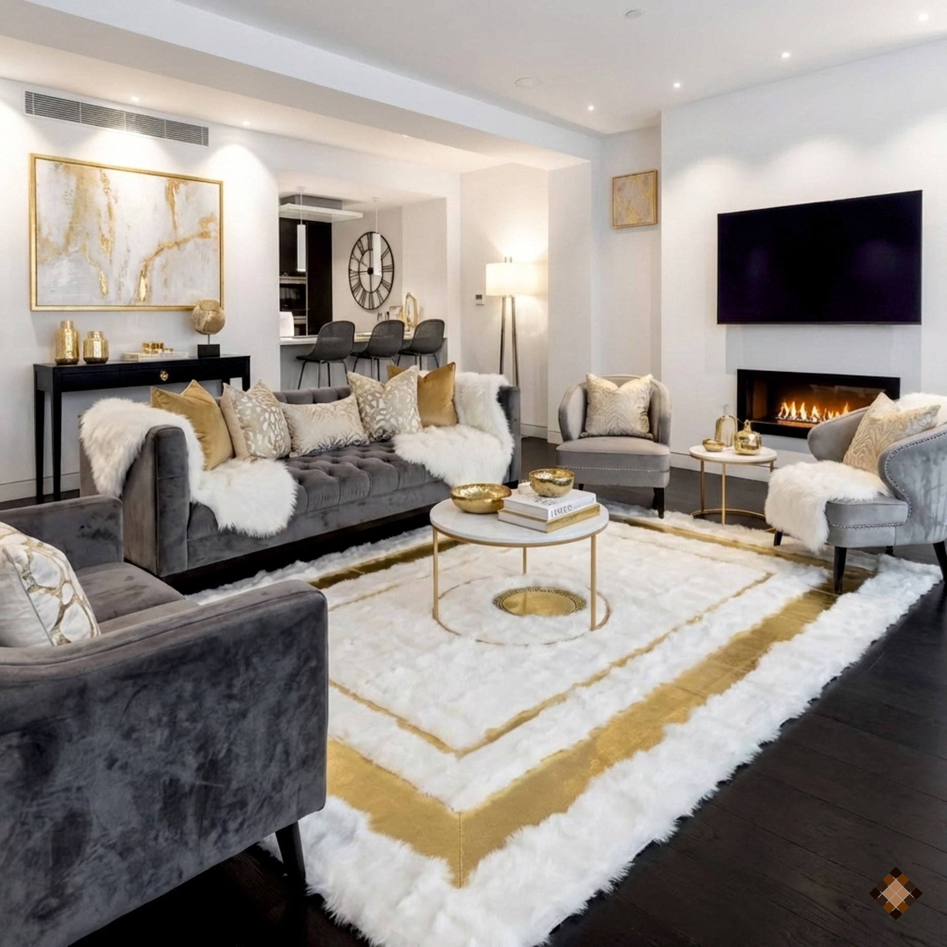 Genuine Ivory Sheepskin Area Rug with Elegant Gold Frame Accents - WONDERFURRUG