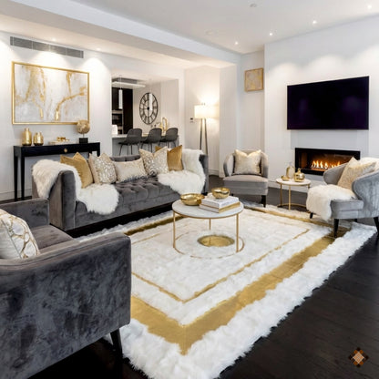 Genuine Ivory Sheepskin Area Rug with Elegant Gold Frame Accents - WONDERFURRUG