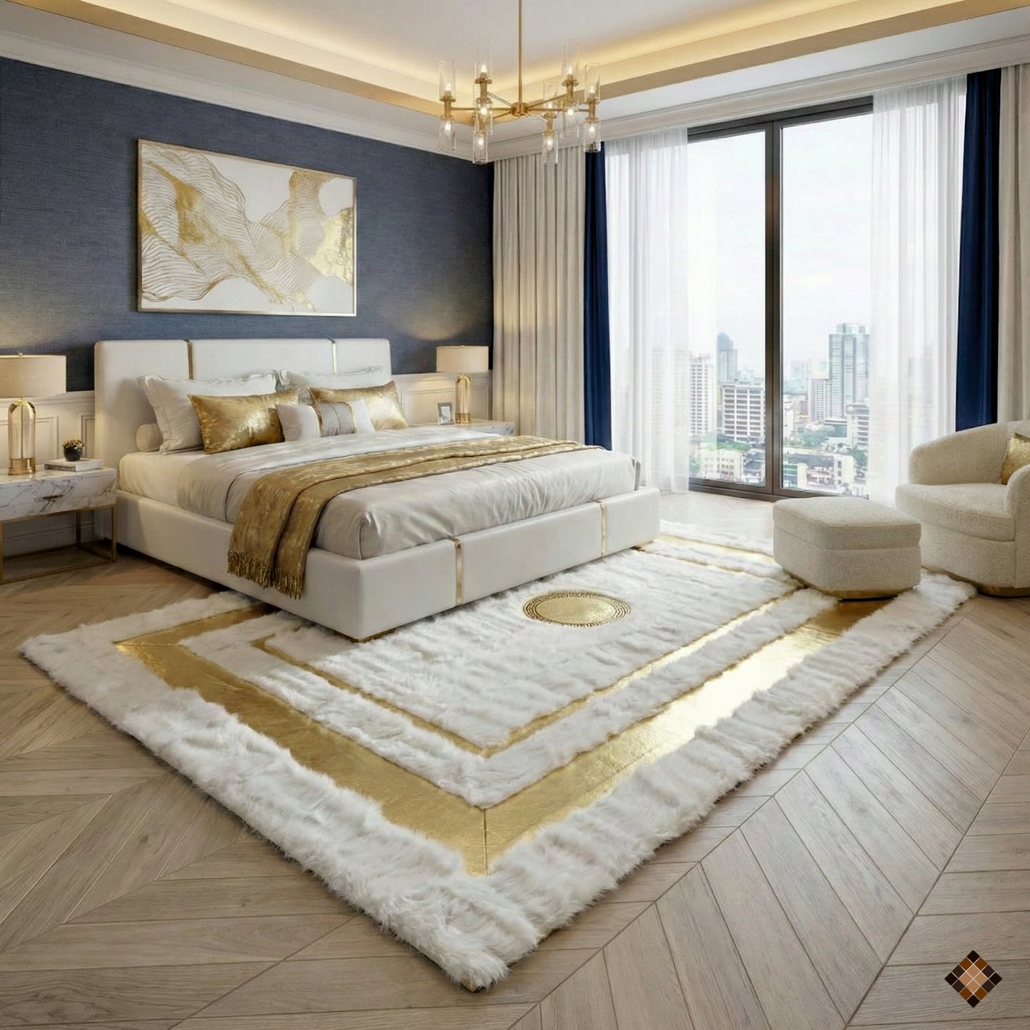 Genuine Ivory Sheepskin Area Rug with Elegant Gold Frame Accents - WONDERFURRUG