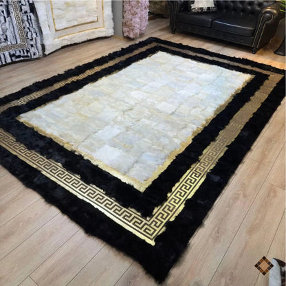 Genuine Sheepskin Area Rug with Ivory Center and Black Border