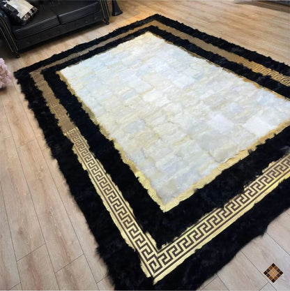Genuine Sheepskin Area Rug with Ivory Center and Black Border