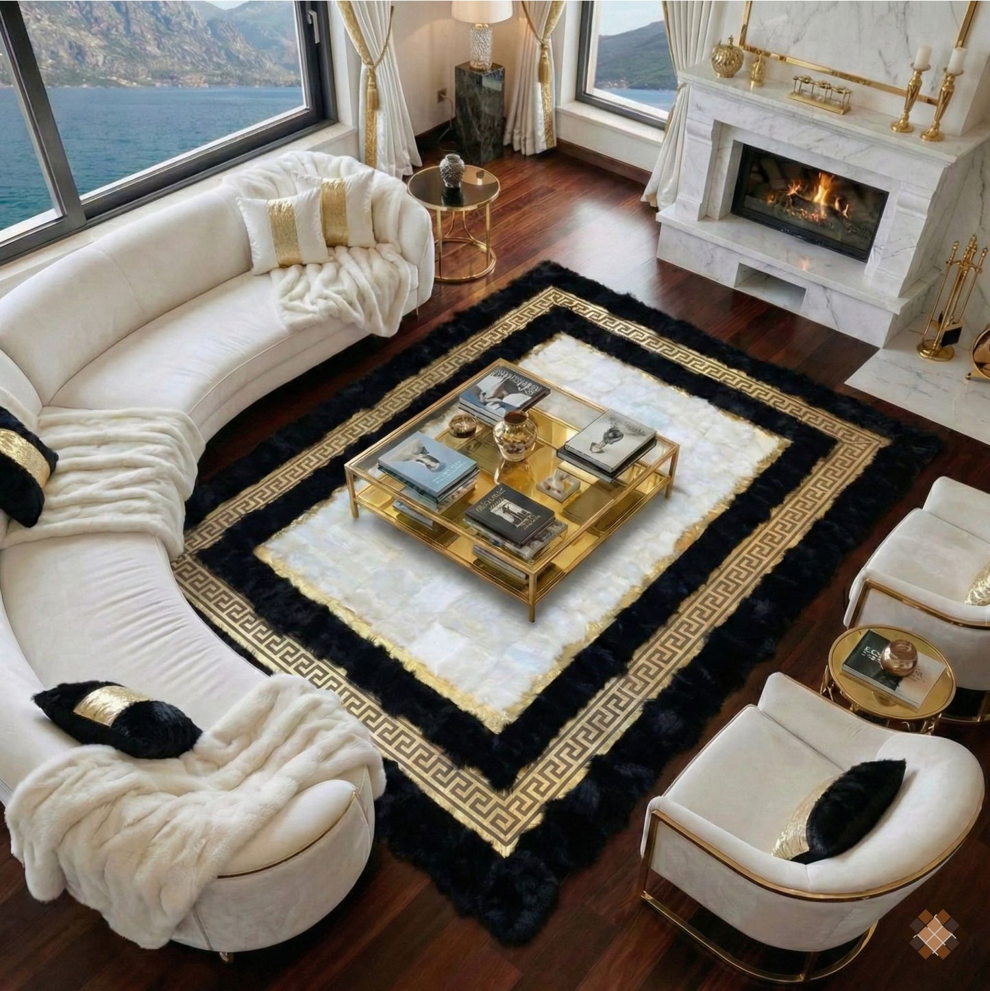 Genuine Sheepskin Area Rug with Ivory Center and Black Border