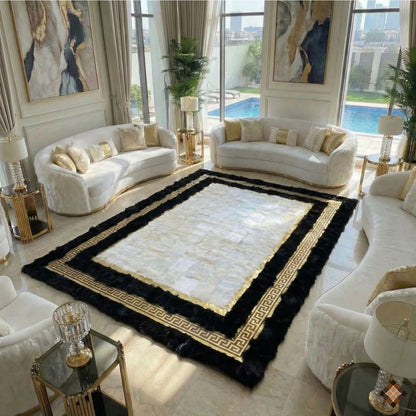 Genuine Sheepskin Area Rug with Ivory Center and Black Border