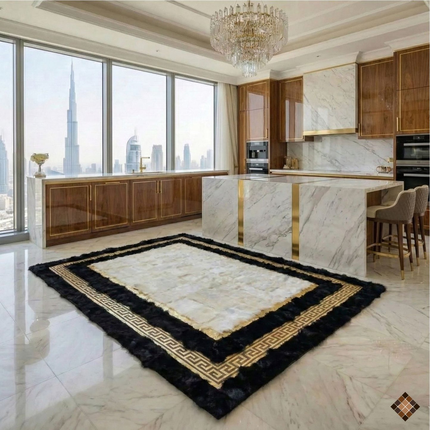 Genuine Sheepskin Area Rug with Ivory Center and Black Border