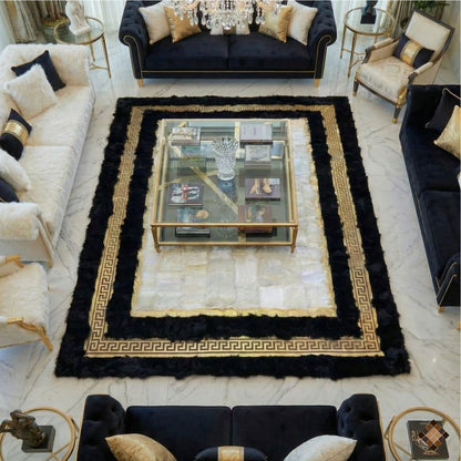 Genuine Sheepskin Area Rug with Ivory Center and Black Border