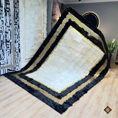 Genuine Sheepskin Area Rug with Ivory Center and Black Border