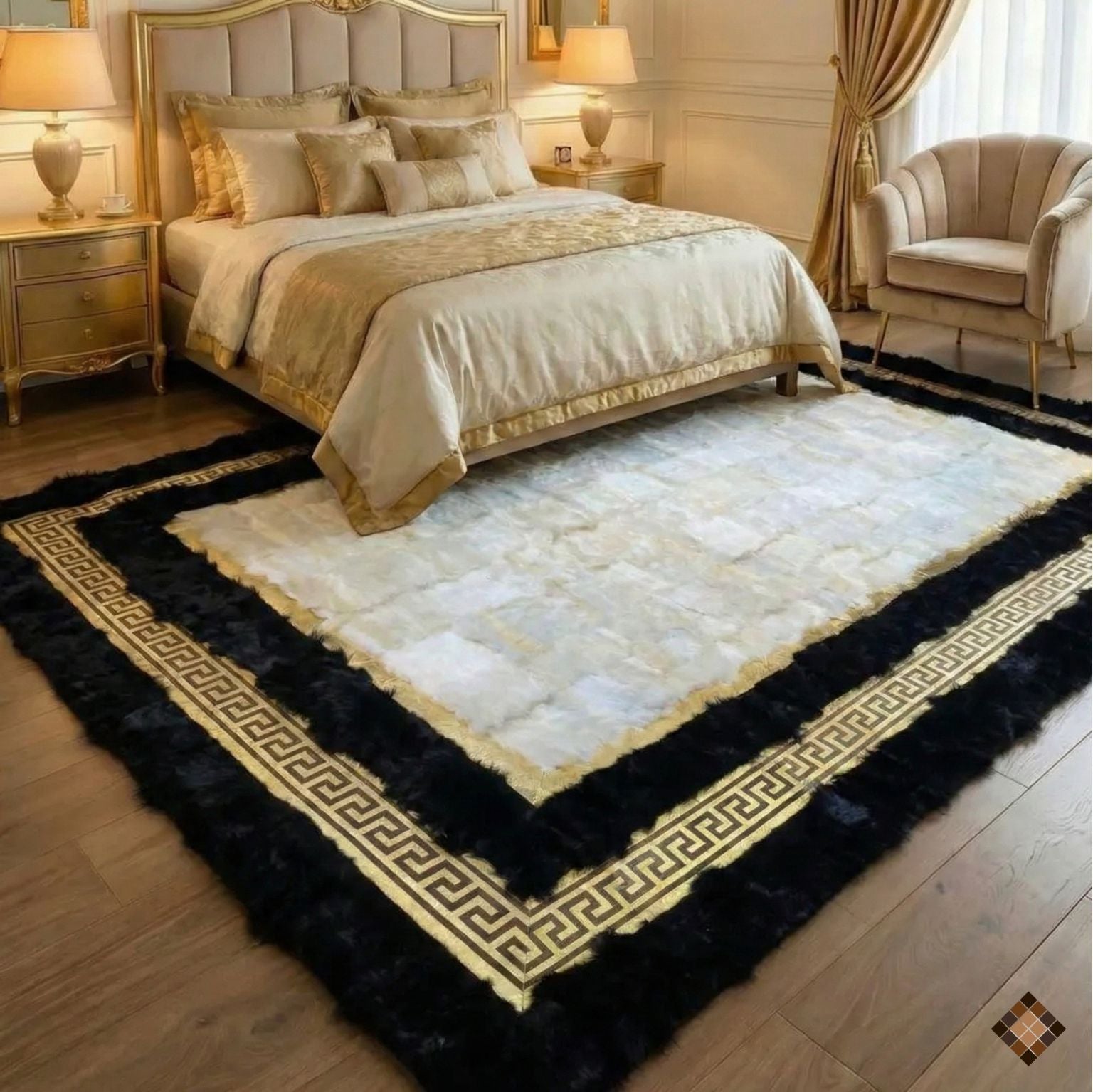 Genuine Sheepskin Area Rug with Ivory Center and Black Border, Gold Greek Key Design