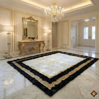 Genuine Sheepskin Area Rug with Ivory Center and Black Border