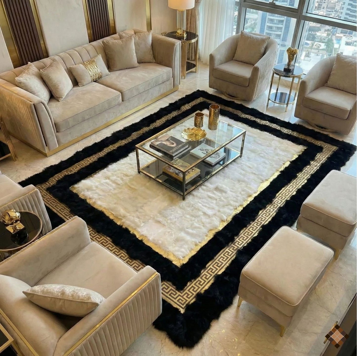 Genuine Sheepskin Area Rug with Ivory Center and Black Border
