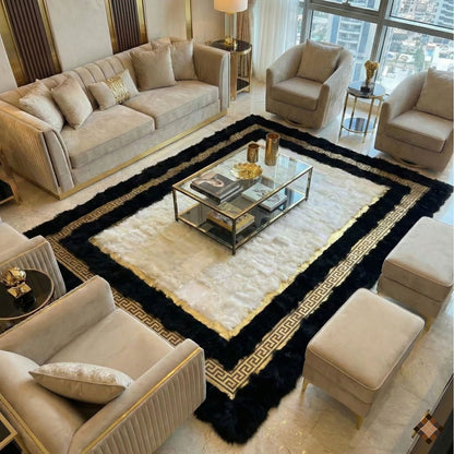 Genuine Sheepskin Area Rug with Ivory Center and Black Border