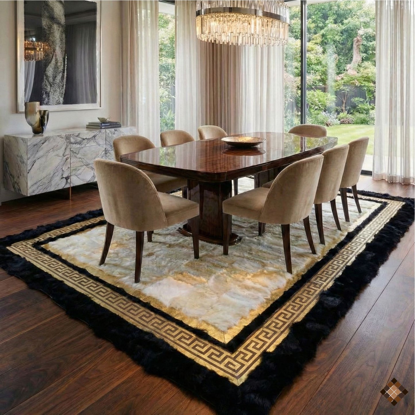 Genuine Sheepskin Area Rug with Ivory Center and Black Border