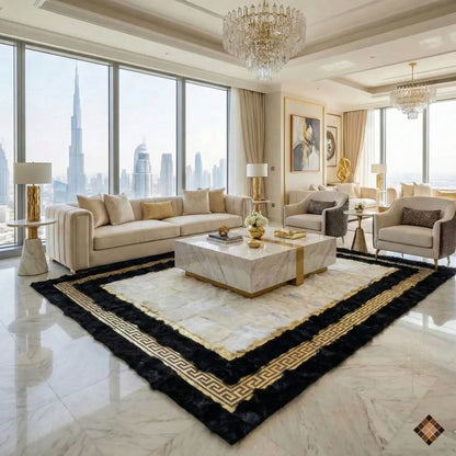 Genuine Sheepskin Area Rug with Ivory Center and Black Border