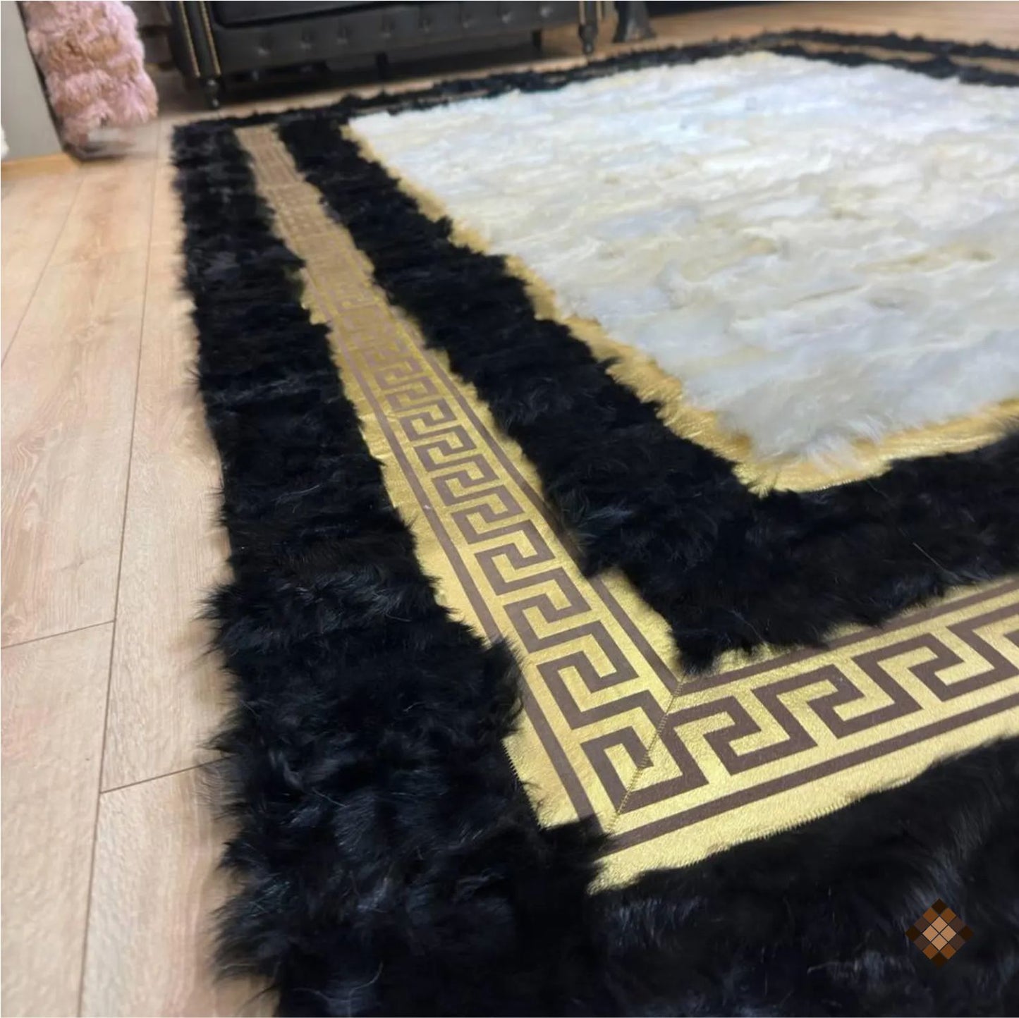 Genuine Sheepskin Area Rug with Ivory Center and Black Border