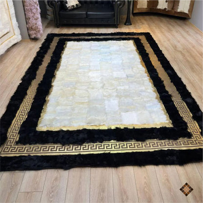 Genuine Sheepskin Area Rug with Ivory Center and Black Border