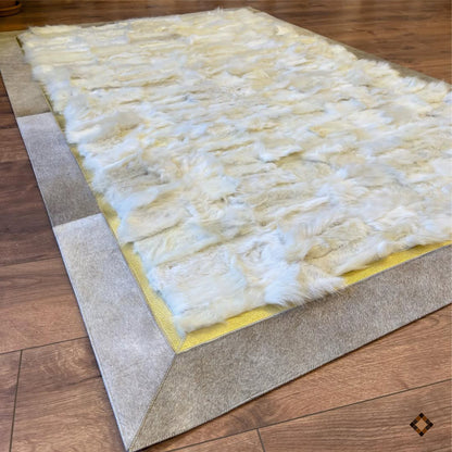 Genuine White Sheepskin Area Rug with Gold Accent and Natural Hide Border