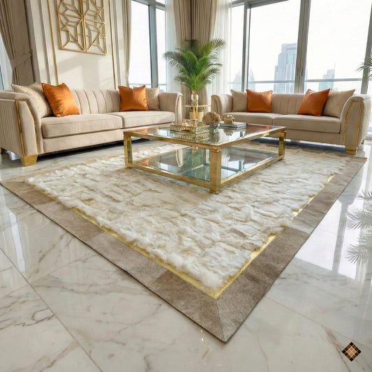 Transform your home with our handmade white sheepskin rug featuring a stunning gold and natural hide border. Custom-made luxury for your ultimate comfort.
