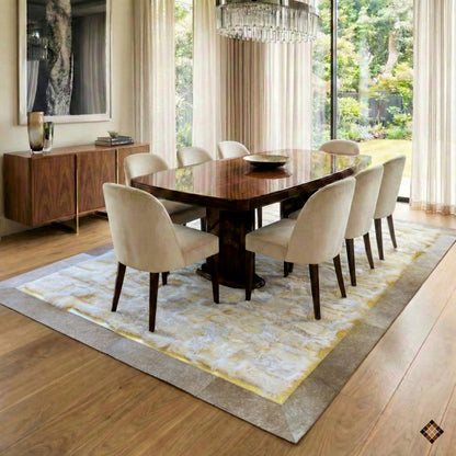 Genuine White Sheepskin Area Rug with Gold Accent and Natural Hide Border