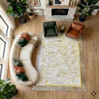 Genuine White Sheepskin Area Rug with Gold Accent and Natural Hide Border