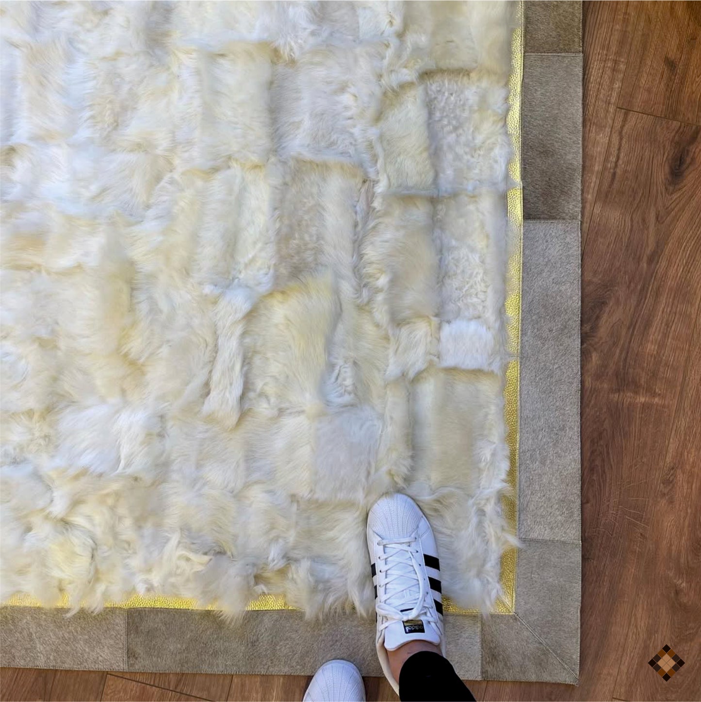 Genuine White Sheepskin Area Rug with Gold Accent and Natural Hide Border