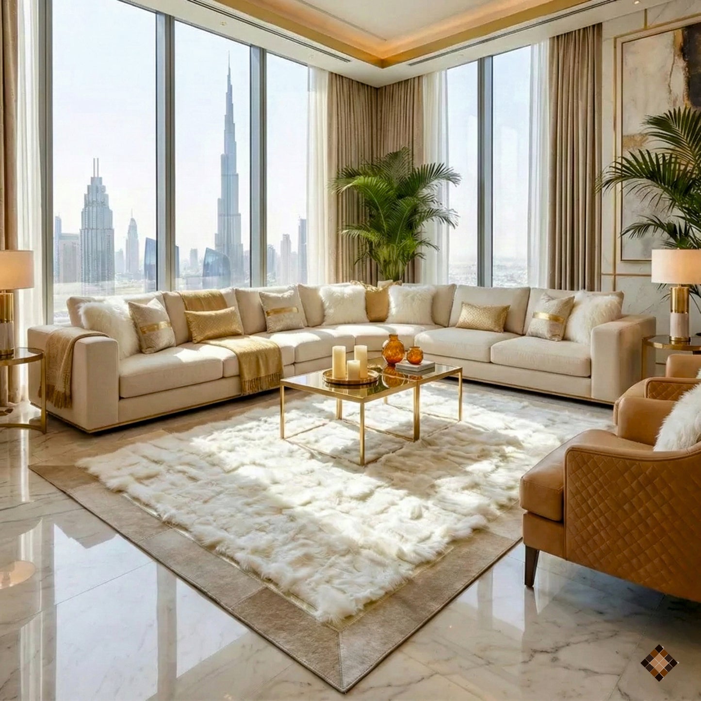Genuine White Sheepskin Area Rug with Gold Accent and Natural Hide Border