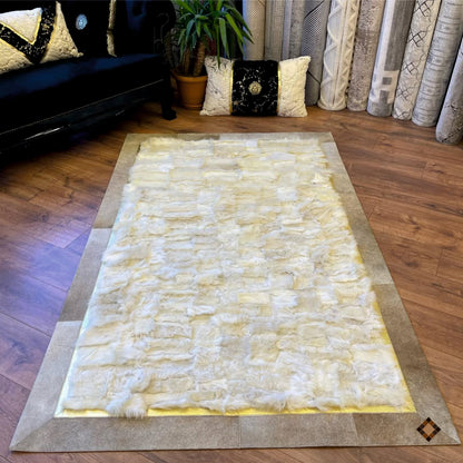 Genuine White Sheepskin Area Rug with Gold Accent and Natural Hide Border