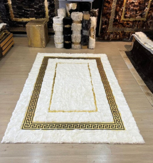 Gold White Natural Rabbit Fur Area Rug, Luxury Rabbit Rug Unique Home Decor, Non Slip Rug