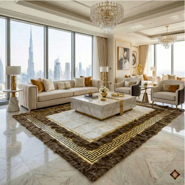 Handmade genuine sheepskin rug in ivory and camel with elegant gold frame. Custom sizes available. A refined statement of warmth and luxury.