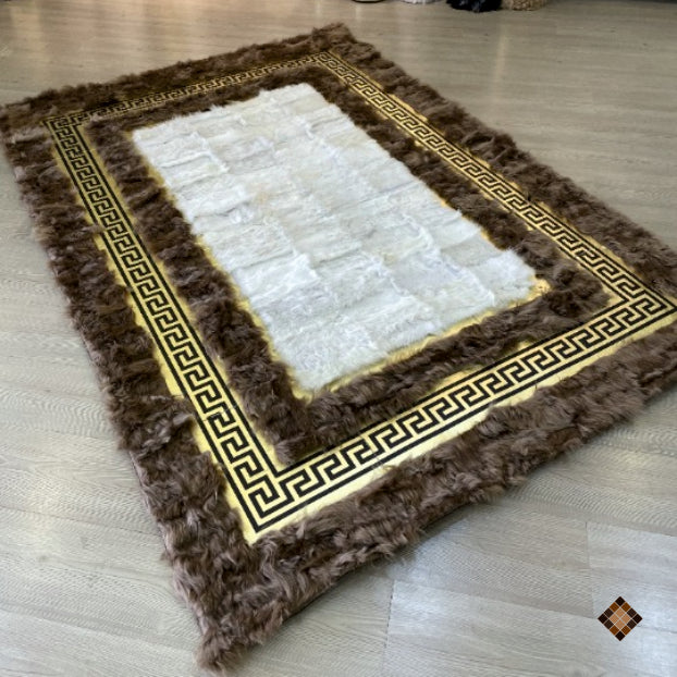 Golden Frame Ivory & Camel Genuine Sheepskin Area Rug – Handmade Luxury Statement Piece