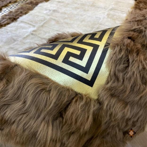 Golden Frame Ivory & Camel Genuine Sheepskin Area Rug – Handmade Luxury Statement Piece