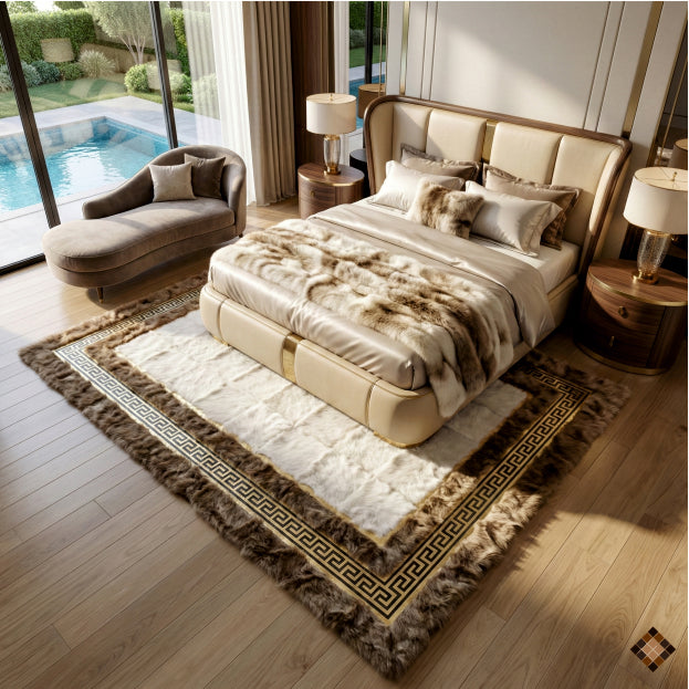 Golden Frame Ivory & Camel Genuine Sheepskin Area Rug – Handmade Luxury Statement Piece