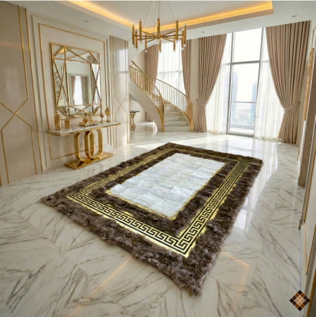 Golden Frame Ivory & Camel Genuine Sheepskin Area Rug – Handmade Luxury Statement Piece