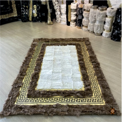 Golden Frame Ivory & Camel Genuine Sheepskin Area Rug – Handmade Luxury Statement Piece