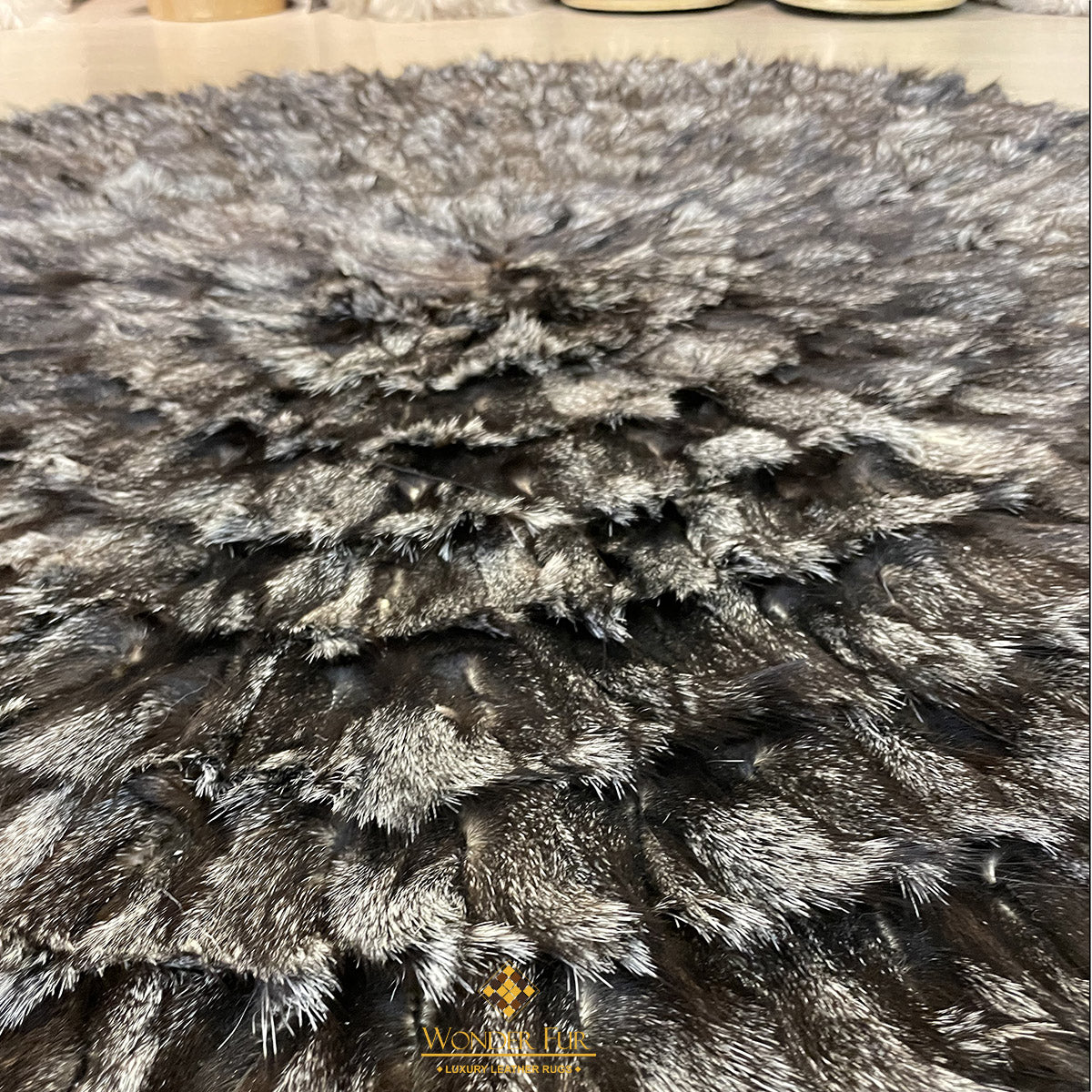 Gray Black Plush Fox Round Fur Carpet Rug for Living Room