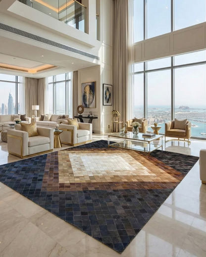 Luxury mixed brown genuine cowhide handmade non slip area rug in modern living room