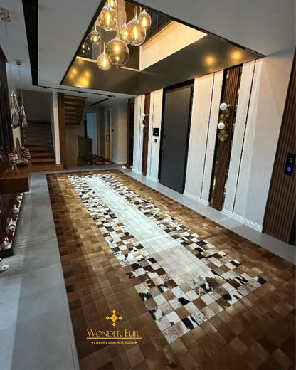 Tricolor Natural Cowhide Rug, Handmade Natural Leather Area Carpet