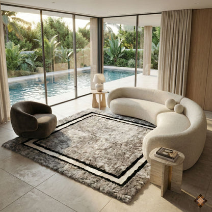 Handmade Gray Rabbit Fur Area Rug with Black & White Border