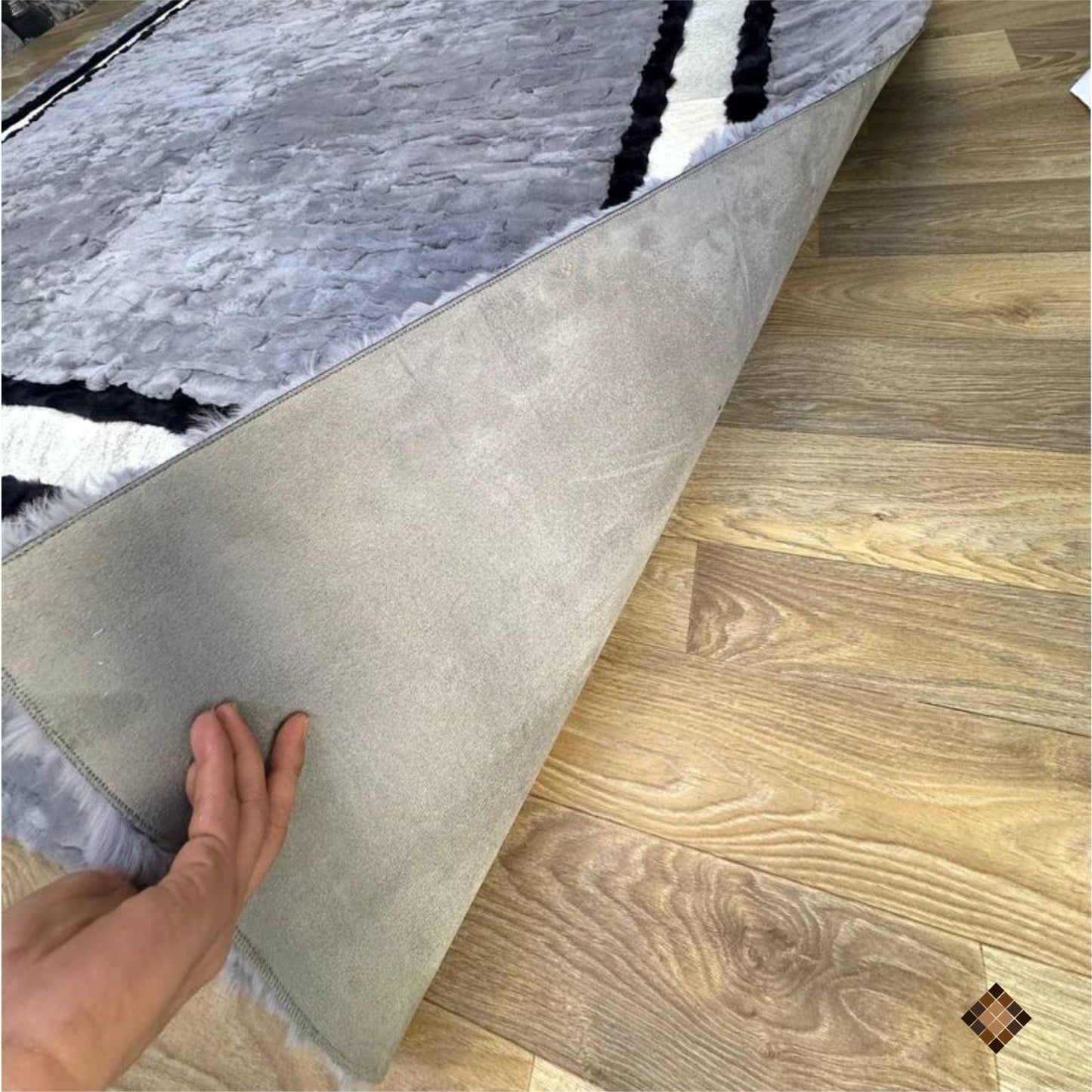 Handmade Gray Rabbit Fur Area Rug with Black & White Border