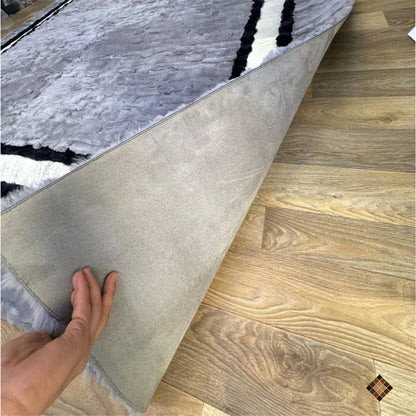 Handmade Gray Rabbit Fur Area Rug with Black & White Border