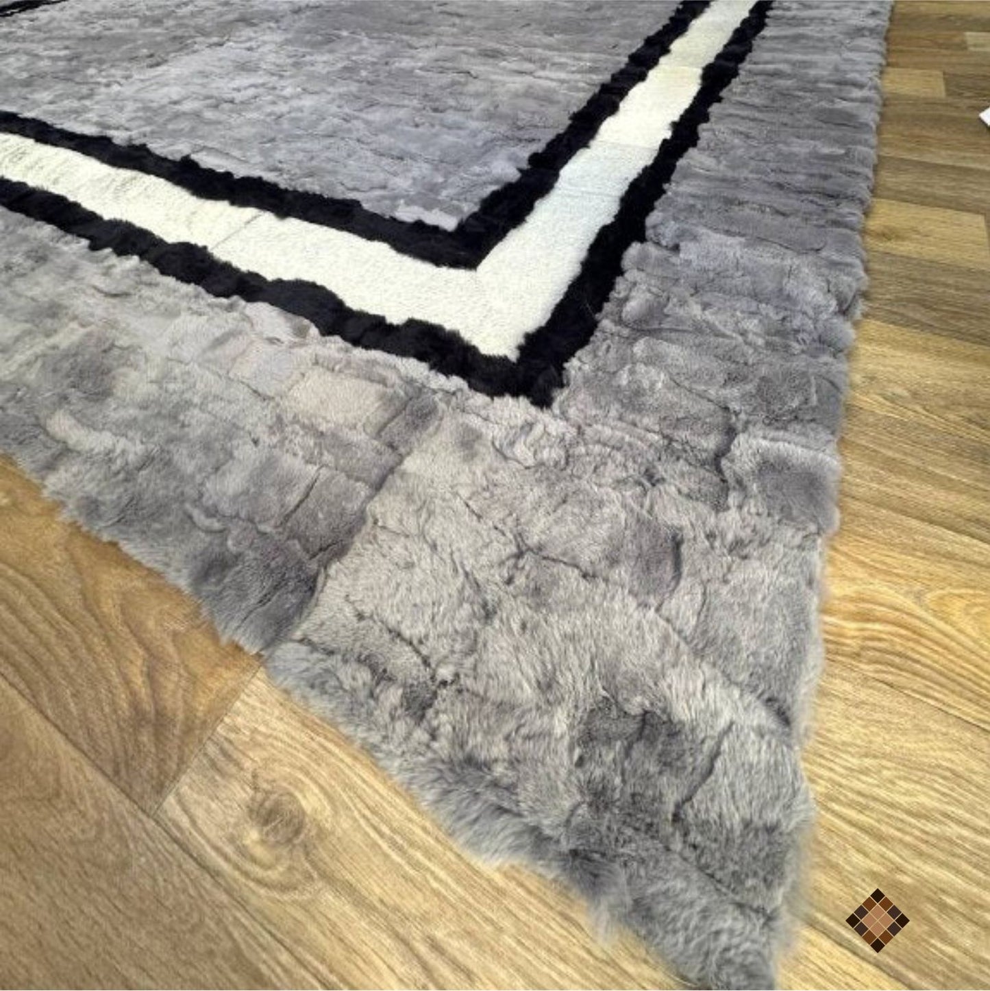 Handmade Gray Rabbit Fur Area Rug with Black & White Border