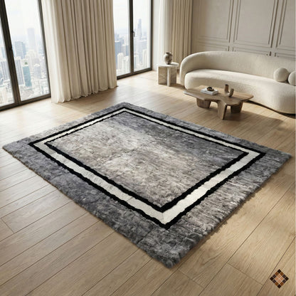 Handmade Gray Rabbit Fur Area Rug with Black & White Border