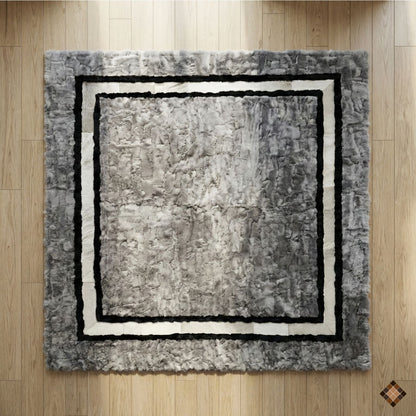 Handmade Gray Rabbit Fur Area Rug with Black & White Border