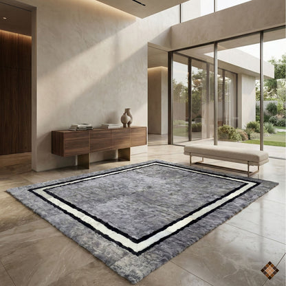 Handmade Gray Rabbit Fur Area Rug with Black & White Border