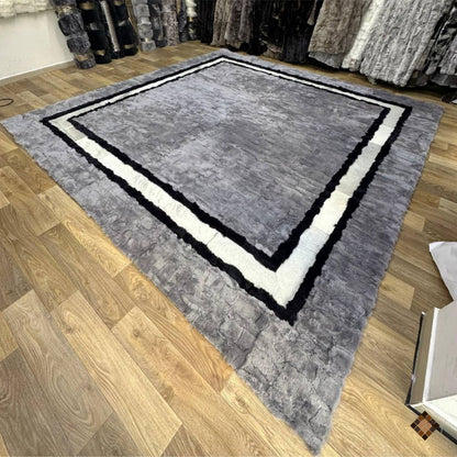 Handmade Gray Rabbit Fur Area Rug with Black & White Border